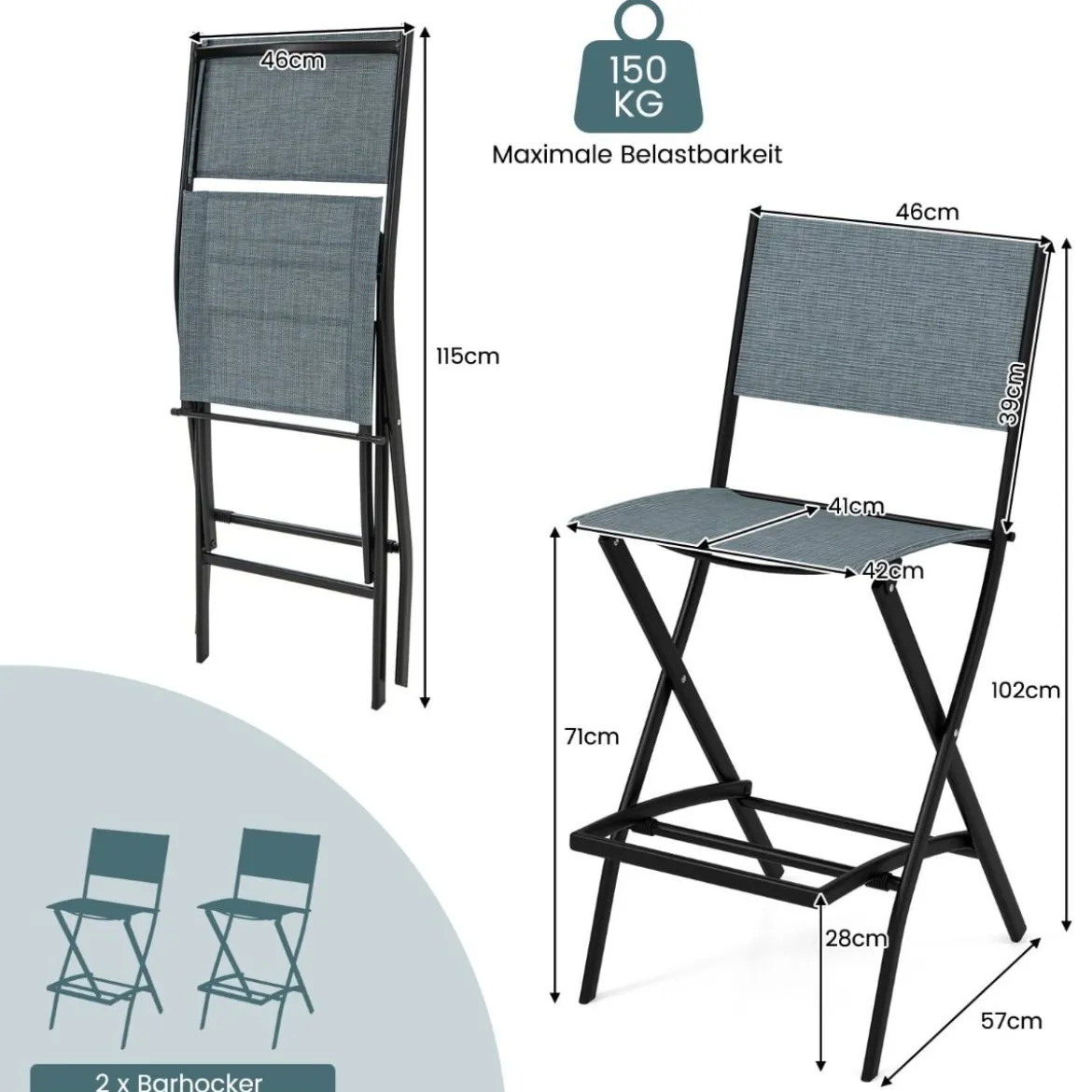 2er Set Outdoor Barhocker klappbare Barstühle mit Rückenlehne und Fußstütze Blau/Kaffee/Schwarz