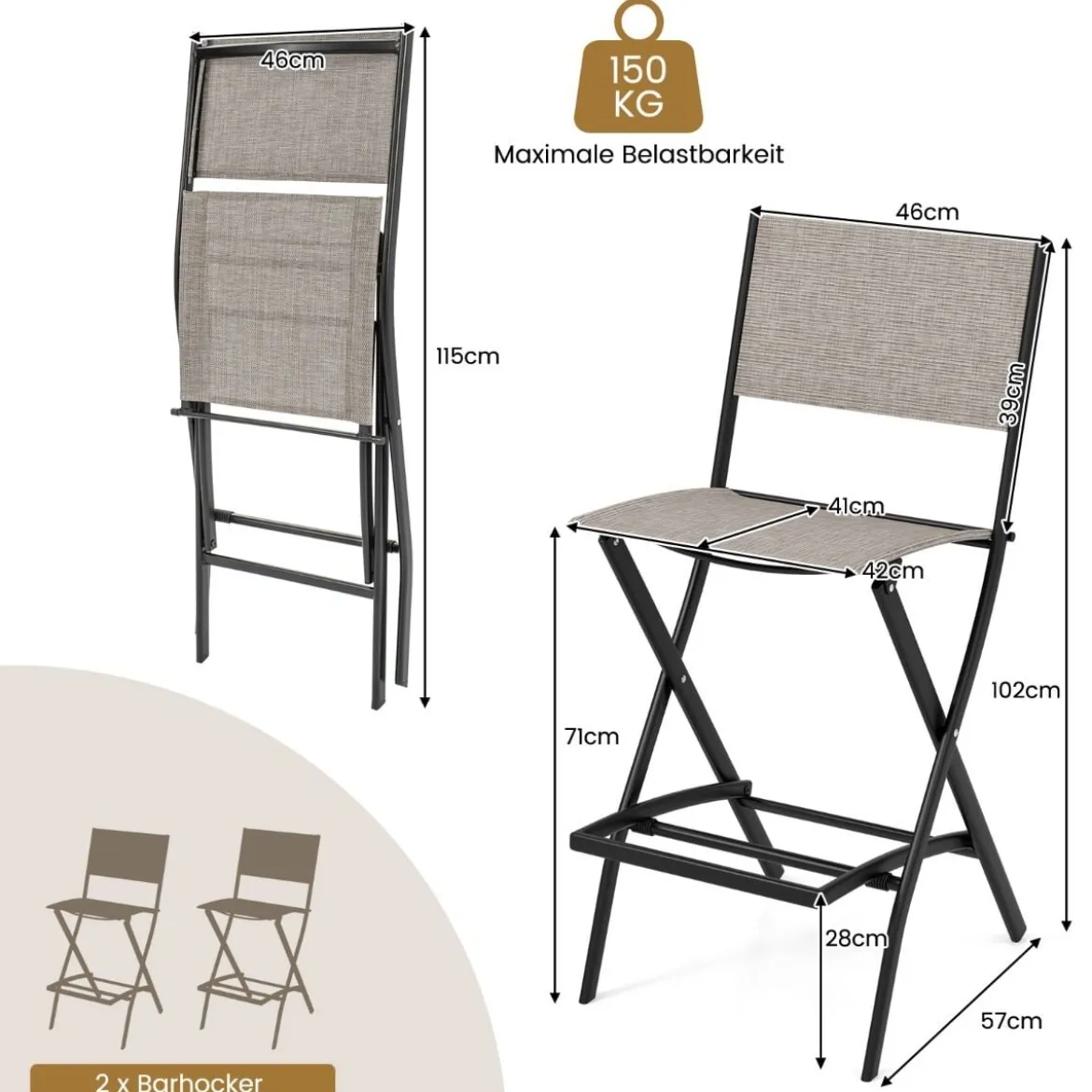 2er Set Outdoor Barhocker klappbare Barstühle mit Rückenlehne und Fußstütze Blau/Kaffee/Schwarz