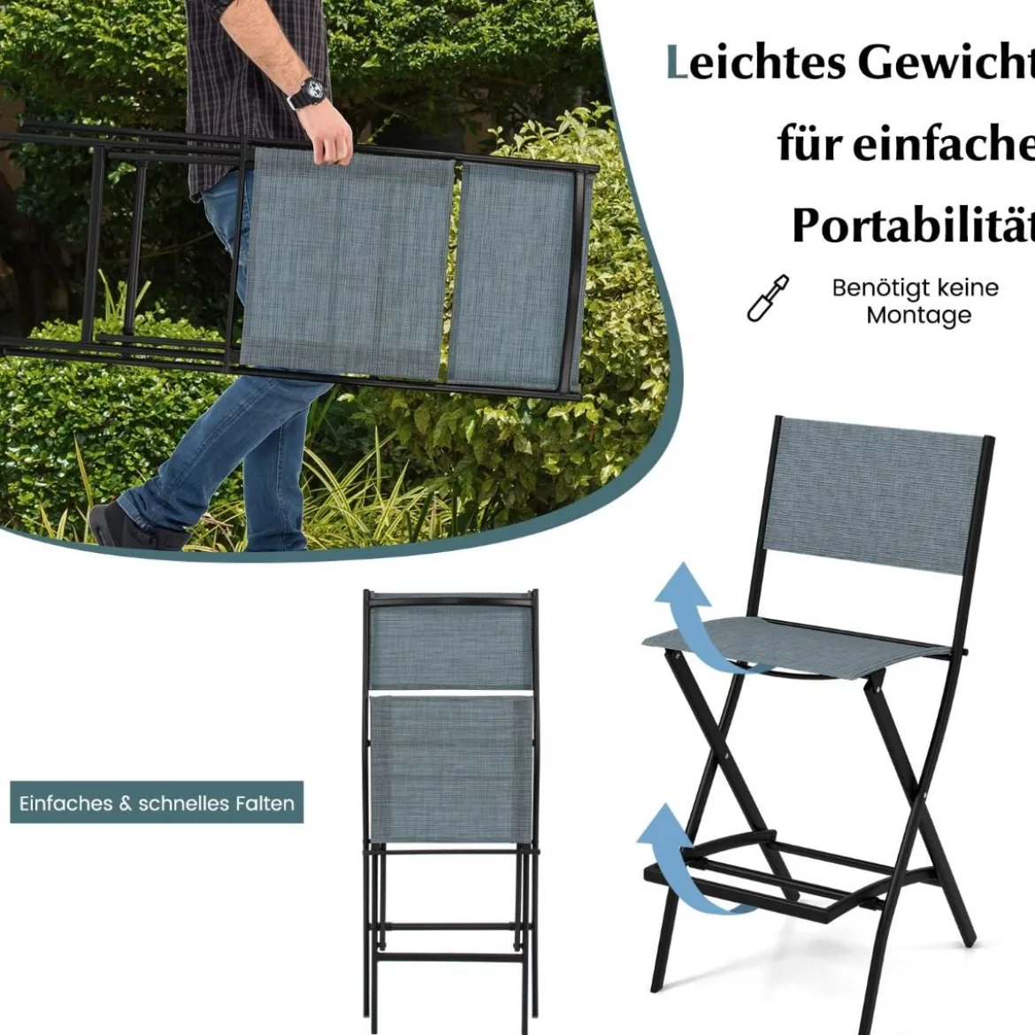 2er Set Outdoor Barhocker klappbare Barstühle mit Rückenlehne und Fußstütze Blau/Kaffee/Schwarz