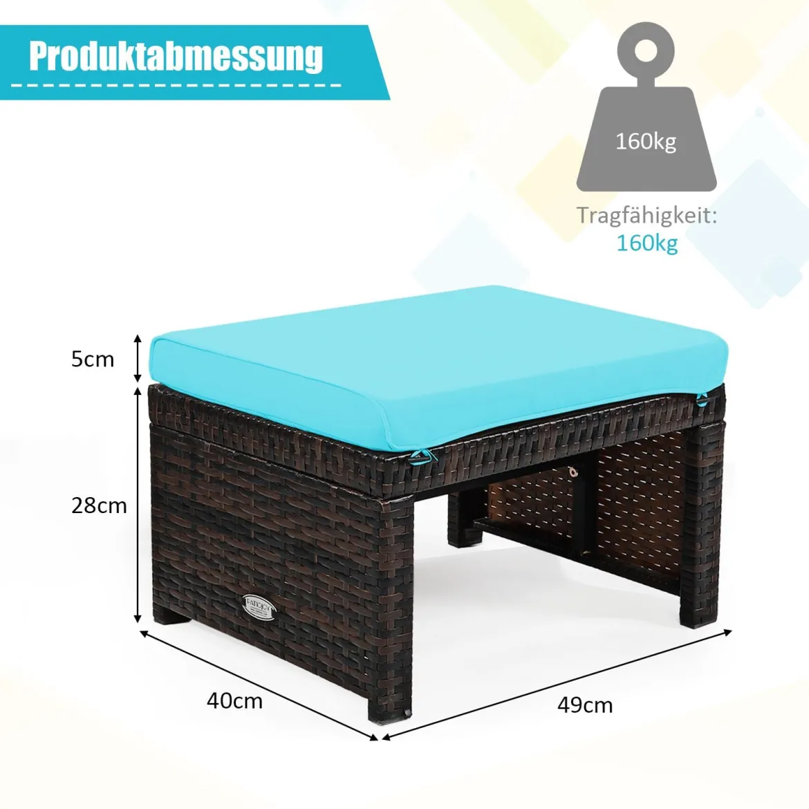 2er set outdoor fußstütze mit kissen Rattan Ottomanen Terrassenhocker 49 x 40 x 33 cm Türkis