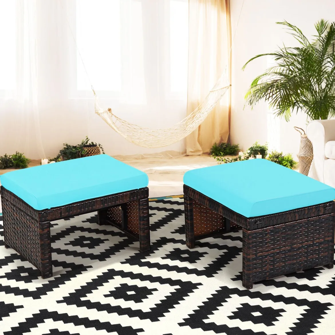 2er set outdoor fußstütze mit kissen Rattan Ottomanen Terrassenhocker 49 x 40 x 33 cm Türkis
