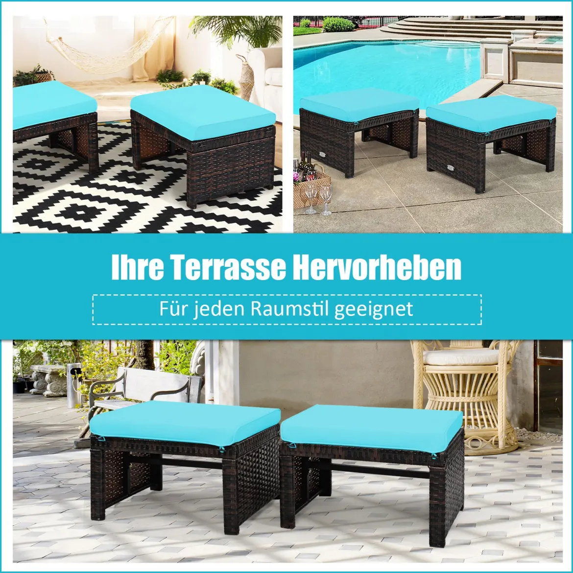 2er set outdoor fußstütze mit kissen Rattan Ottomanen Terrassenhocker 49 x 40 x 33 cm Türkis