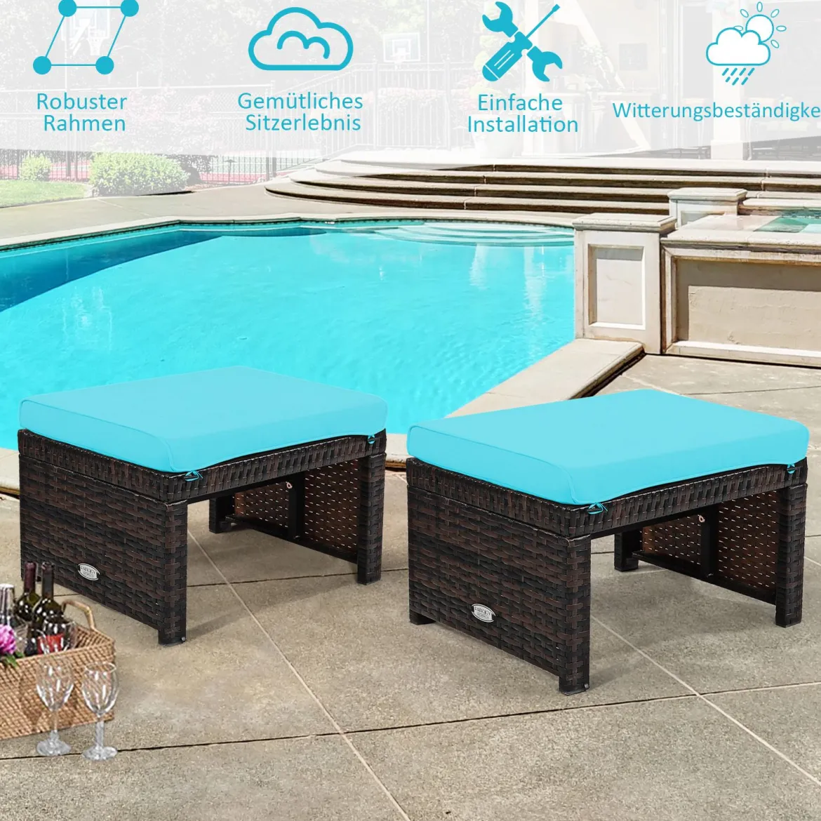2er set outdoor fußstütze mit kissen Rattan Ottomanen Terrassenhocker 49 x 40 x 33 cm Türkis