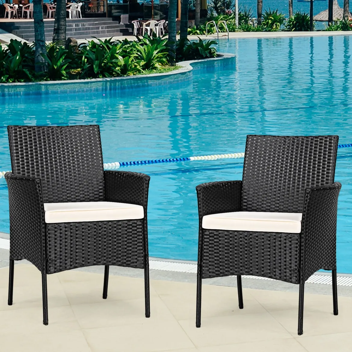 2er Set Outdoor Rattan-Stühle Rattan-Stühle mit Kissen 45 x 45,5 x 84,5 cm Schwarz + Beige