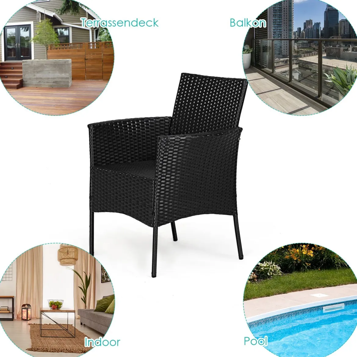 2er Set Outdoor Rattan-Stühle Rattan-Stühle mit Kissen 45 x 45,5 x 84,5 cm Schwarz + Beige