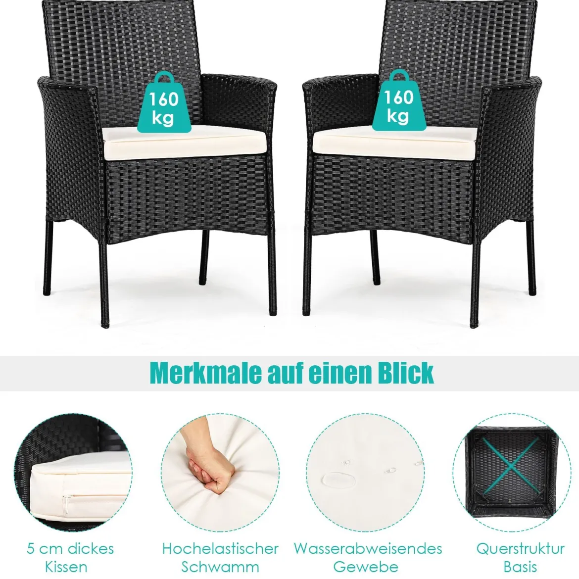 2er Set Outdoor Rattan-Stühle Rattan-Stühle mit Kissen 45 x 45,5 x 84,5 cm Schwarz + Beige