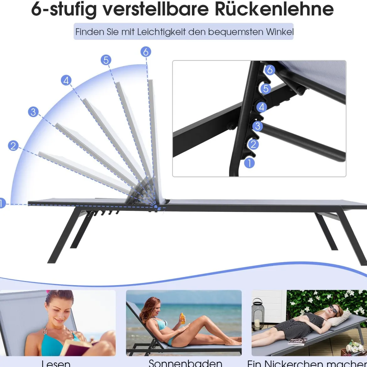 2er Set Outdoor Verstellbare Liegestühle mit Flacher Liegeposition & Schnelltrocknendem Stoff