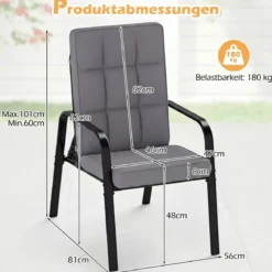 2er-Set Patio Stühle Verstellbare Rückenlehnen mit 5 Stufen Abnehmbare Kissen und Metallarmlehnen Grau