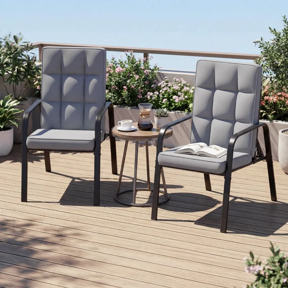 2er-Set Patio Stühle Verstellbare Rückenlehnen mit 5 Stufen Abnehmbare Kissen und Metallarmlehnen Grau
