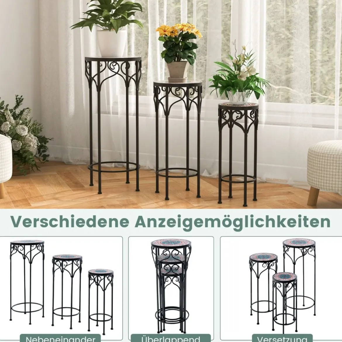 3er Set Pflanzenständer aus Metall dekorativer Blumenhalter mit Keramikplatte 49 cm 59 cm & 71 cm Höhe