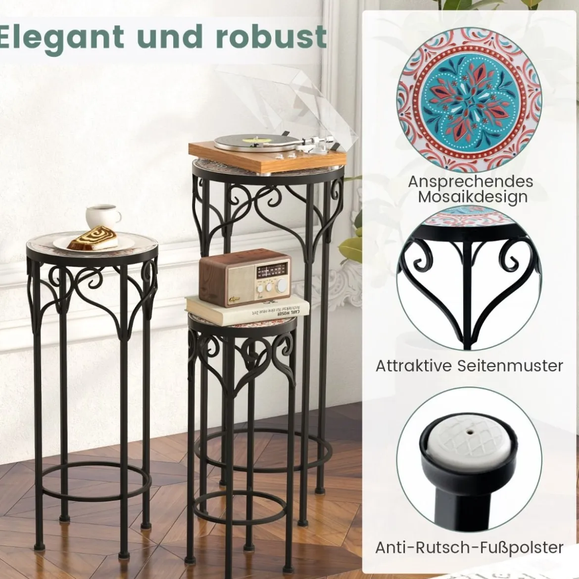 3er Set Pflanzenständer aus Metall dekorativer Blumenhalter mit Keramikplatte 49 cm 59 cm & 71 cm Höhe