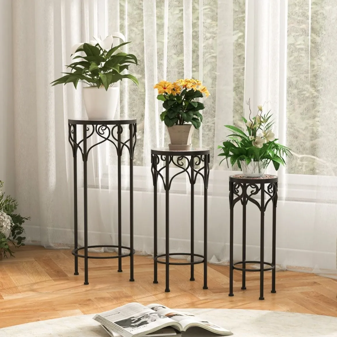 3er Set Pflanzenständer aus Metall dekorativer Blumenhalter mit Keramikplatte 49 cm 59 cm & 71 cm Höhe