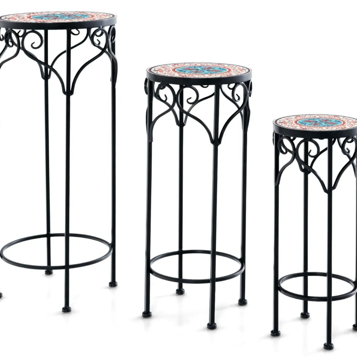 3er Set Pflanzenständer aus Metall dekorativer Blumenhalter mit Keramikplatte 49 cm 59 cm & 71 cm Höhe