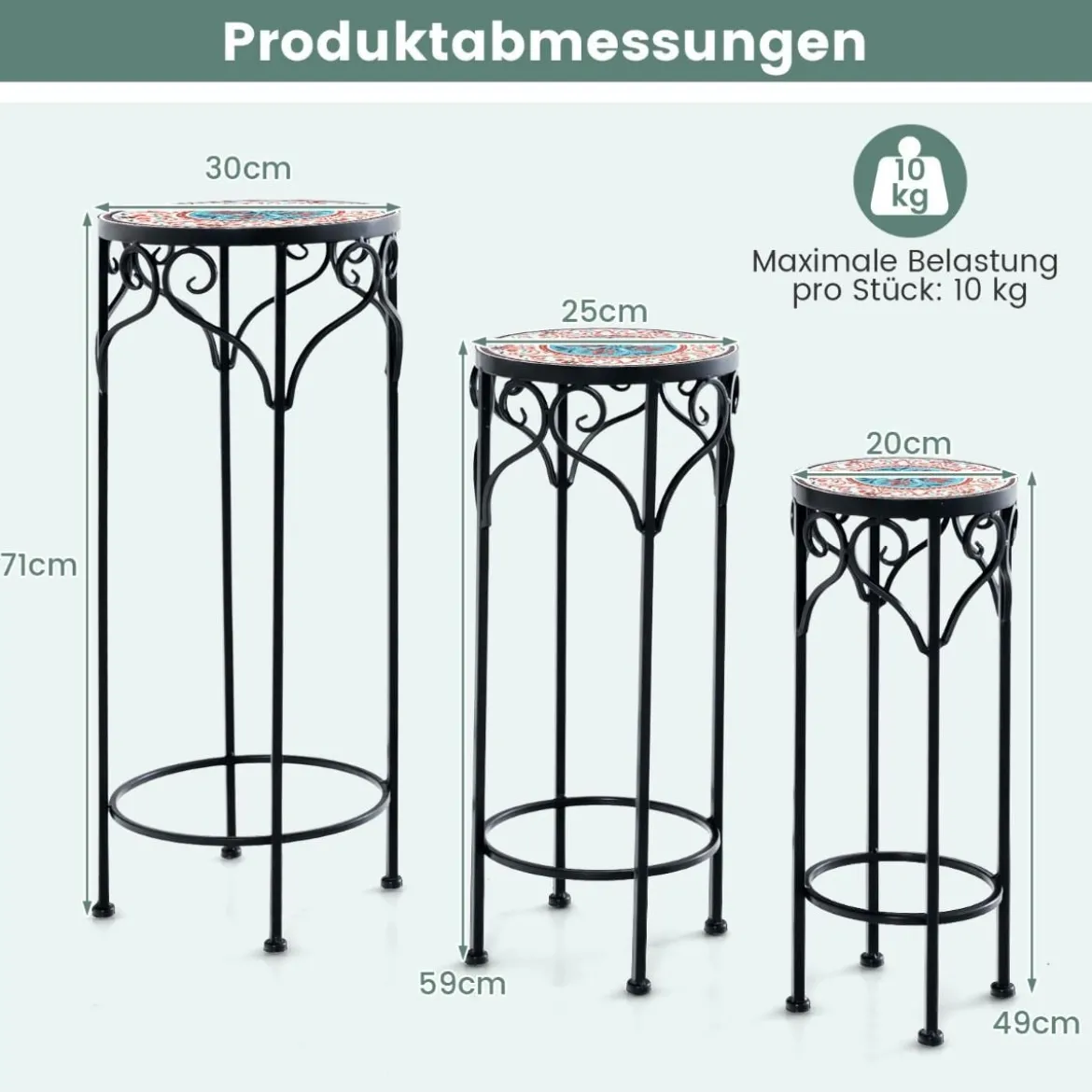 3er Set Pflanzenständer aus Metall dekorativer Blumenhalter mit Keramikplatte 49 cm 59 cm & 71 cm Höhe