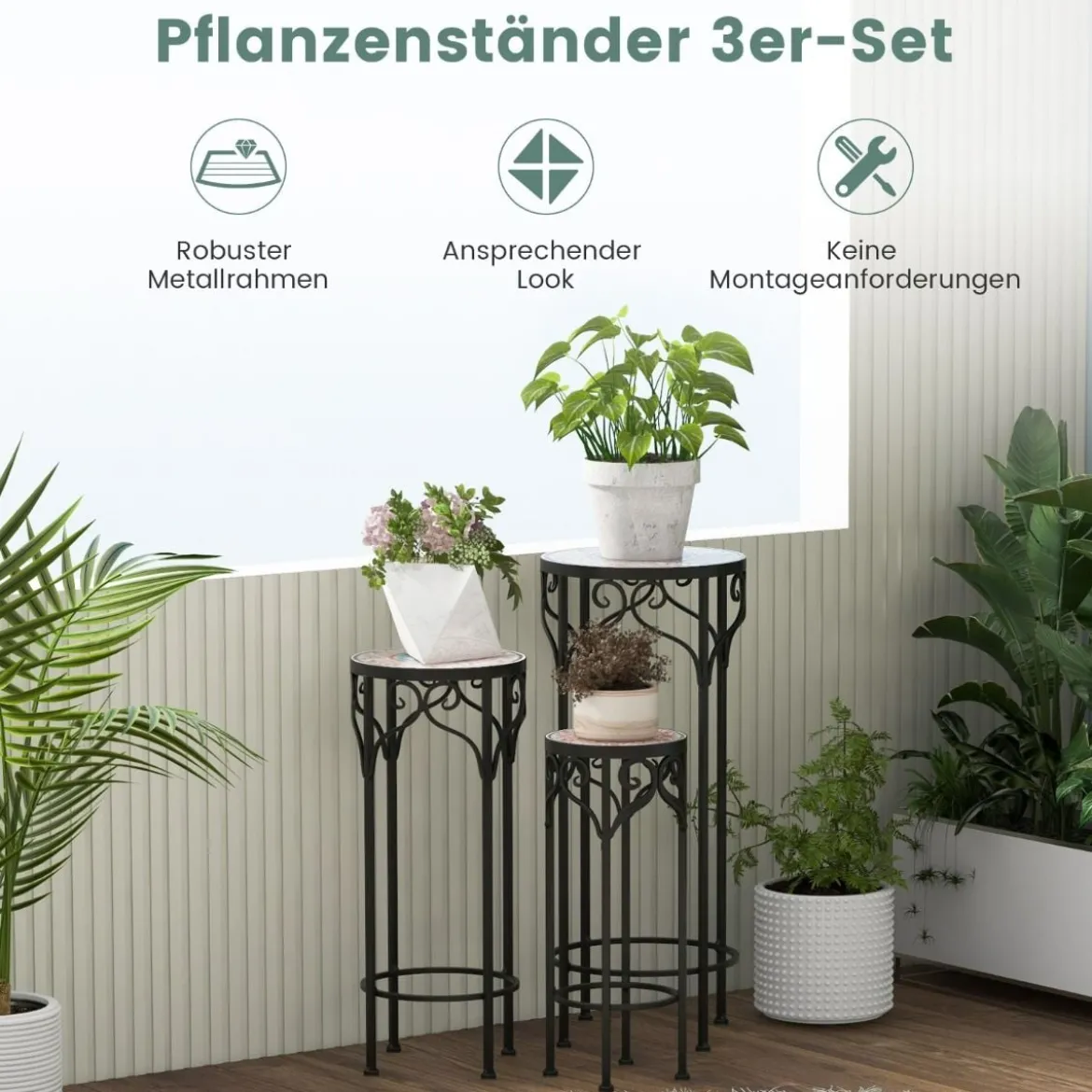 3er Set Pflanzenständer aus Metall dekorativer Blumenhalter mit Keramikplatte 49 cm 59 cm & 71 cm Höhe