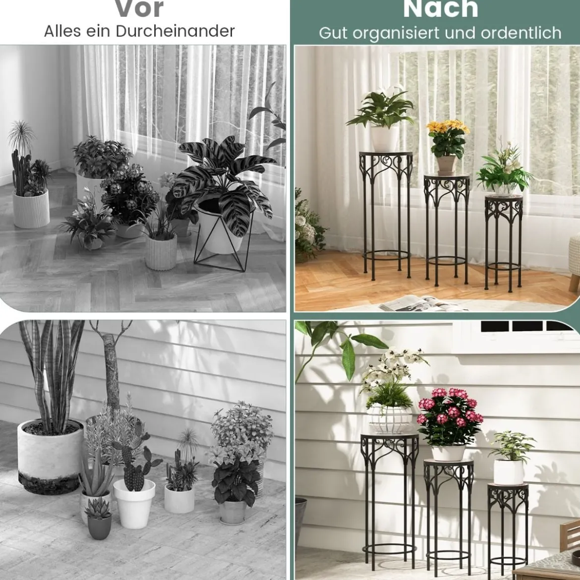 3er Set Pflanzenständer aus Metall dekorativer Blumenhalter mit Keramikplatte 49 cm 59 cm & 71 cm Höhe
