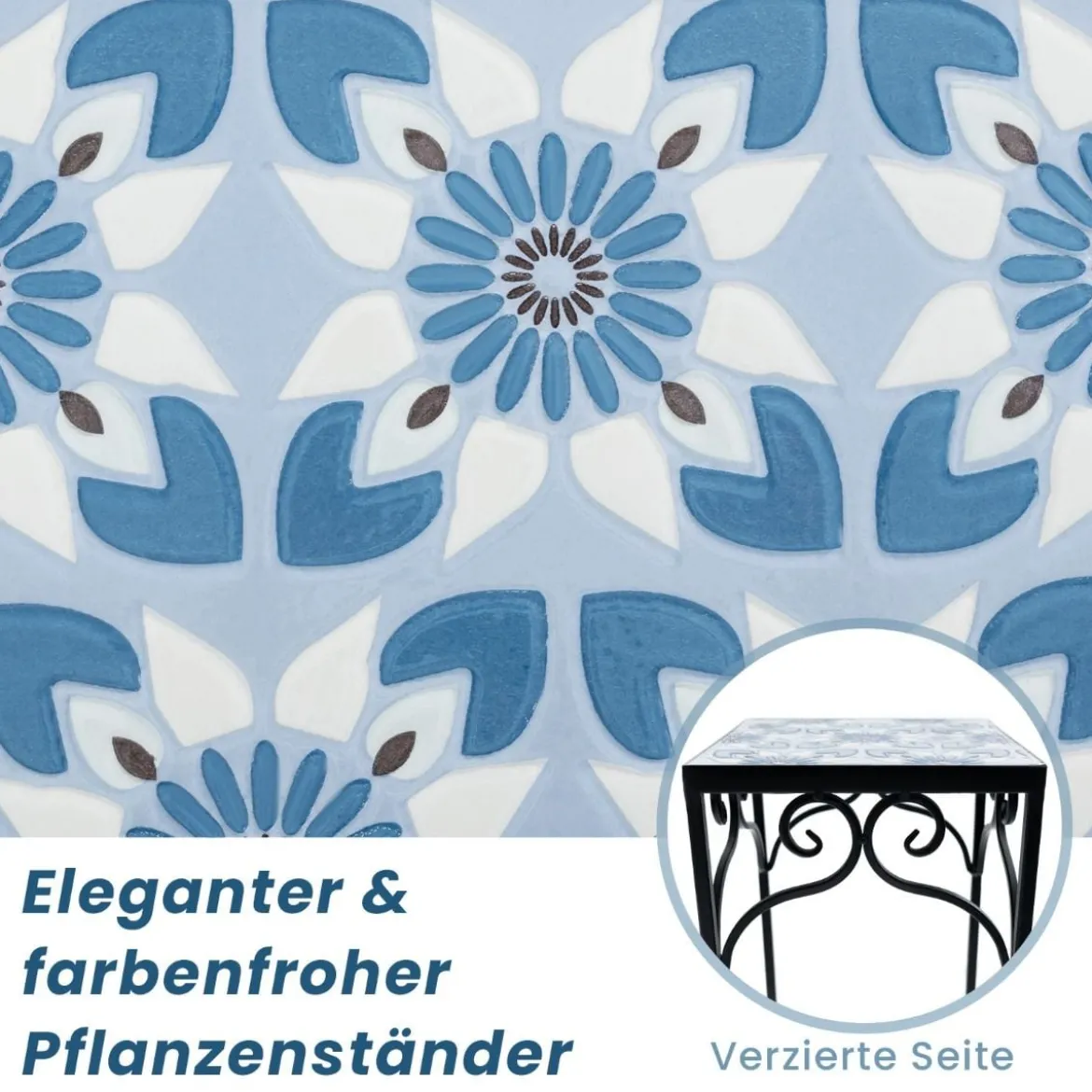 3er Set Pflanzenständer aus Metall mit Mosaikfliesen verschachtelbare Pflanzgefäße Blau 28/23/18cm