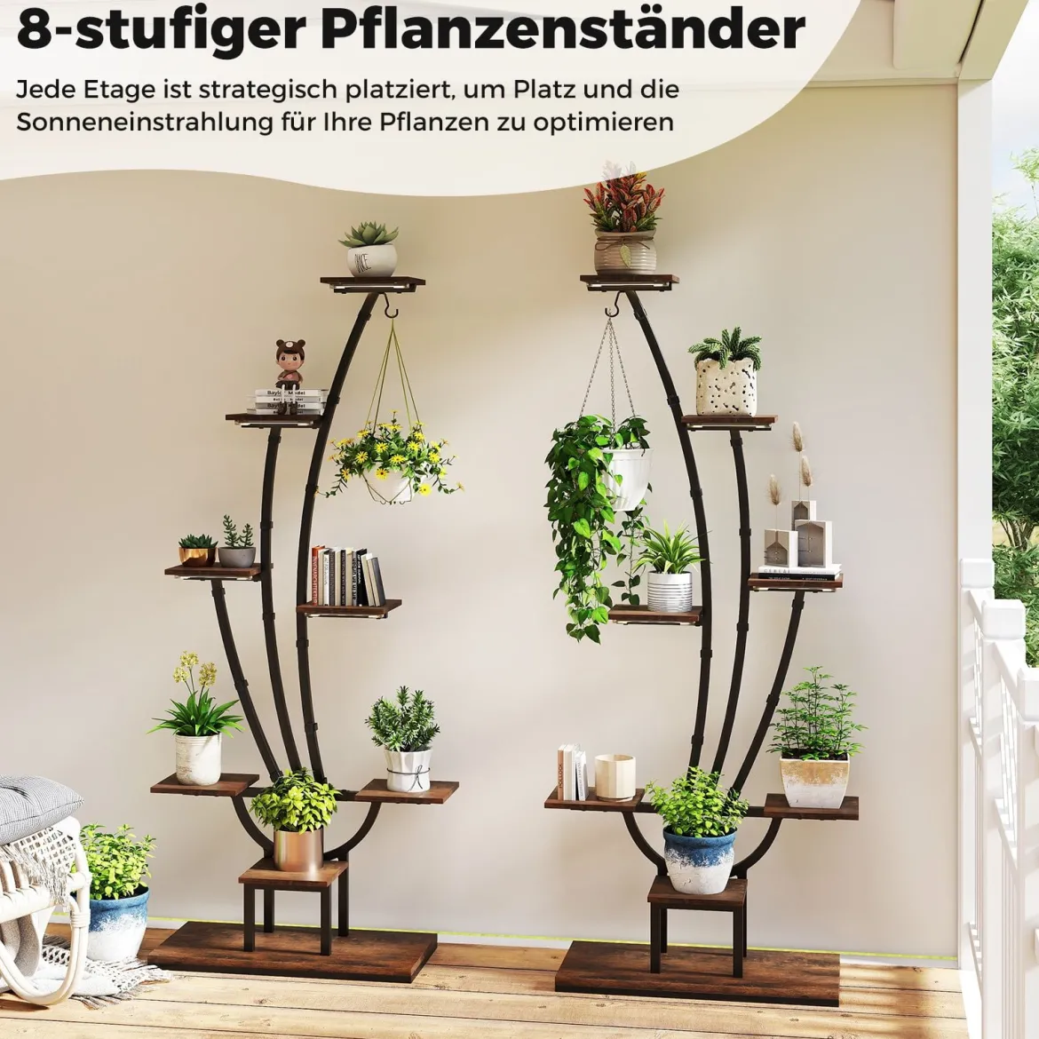 2er Set Pflanzenständer mit Wachstumslichtern 8-Stöckiges Pflanzenregal Blumentreppe