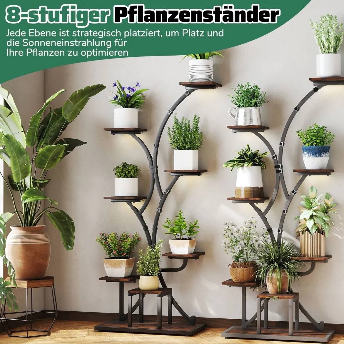 2er Set Pflanzenständer mit Wachstumslichtern 8-Stöckiges Pflanzenregal Blumenständer