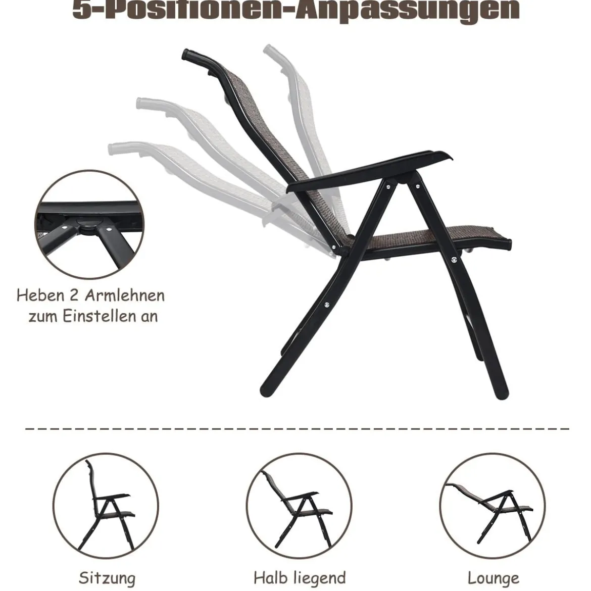 2er Set Polyrattan Gartenstühle mit 5-Fach Verstellbarer Rückenlehne Klappstühle Balkonstühle