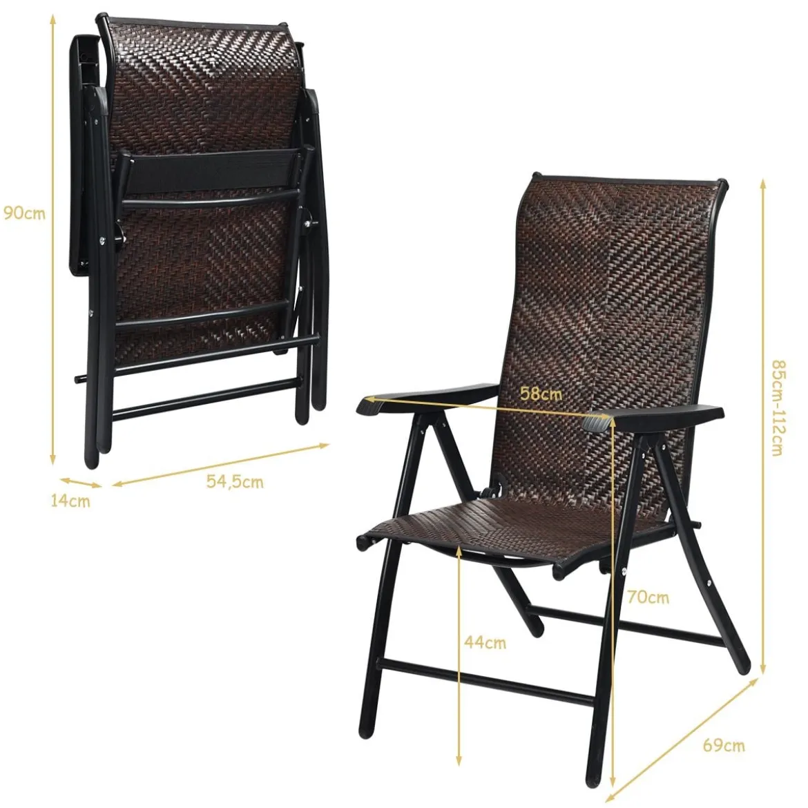 2er Set Polyrattan Gartenstühle mit 5-Fach Verstellbarer Rückenlehne Klappstühle Balkonstühle