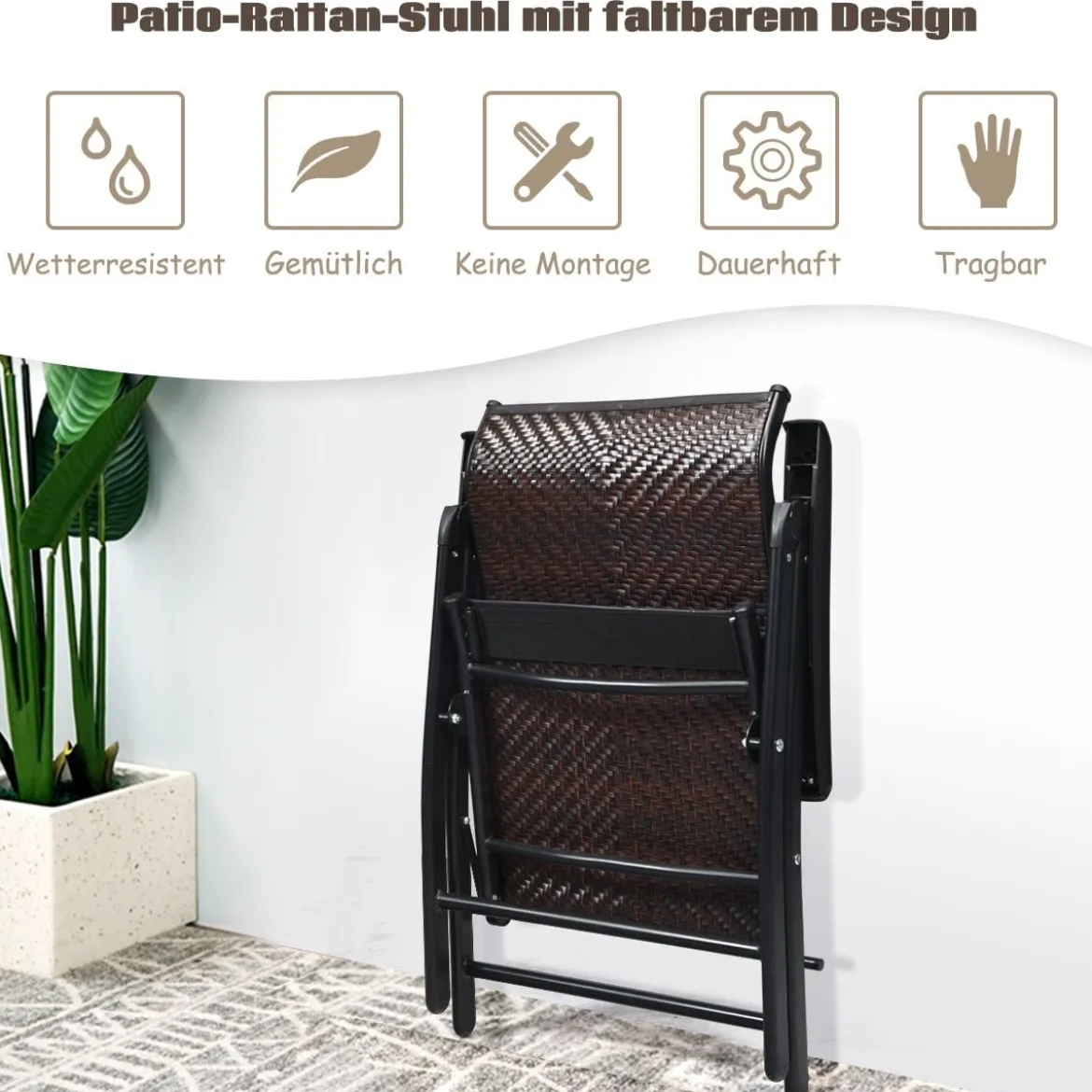 2er Set Polyrattan Gartenstühle mit 5-Fach Verstellbarer Rückenlehne Klappstühle Balkonstühle