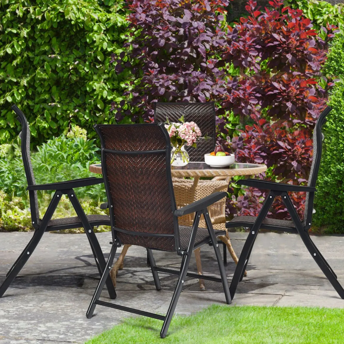 2er Set Polyrattan Gartenstühle mit 5-Fach Verstellbarer Rückenlehne Klappstühle Balkonstühle