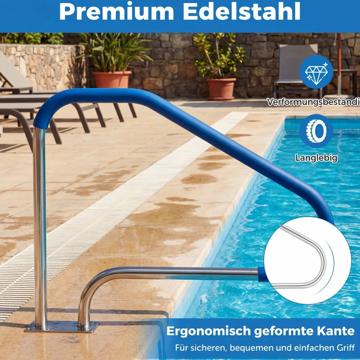 2er Set Pool Handlauf mit Griffabdeckung 304 Edelstahl Einstiegshilfe 250 kg Tragfähigkeit Schwimmbad Haltegriff