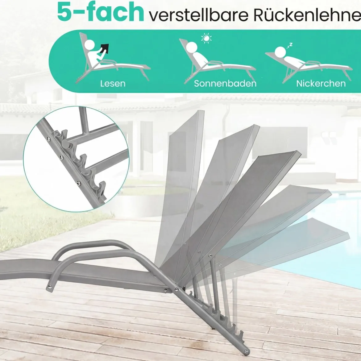 2er Set 5-Position Verstellbare Terrasse-Lounges mit Atmungsaktivem Sitz für Outdoor Grau