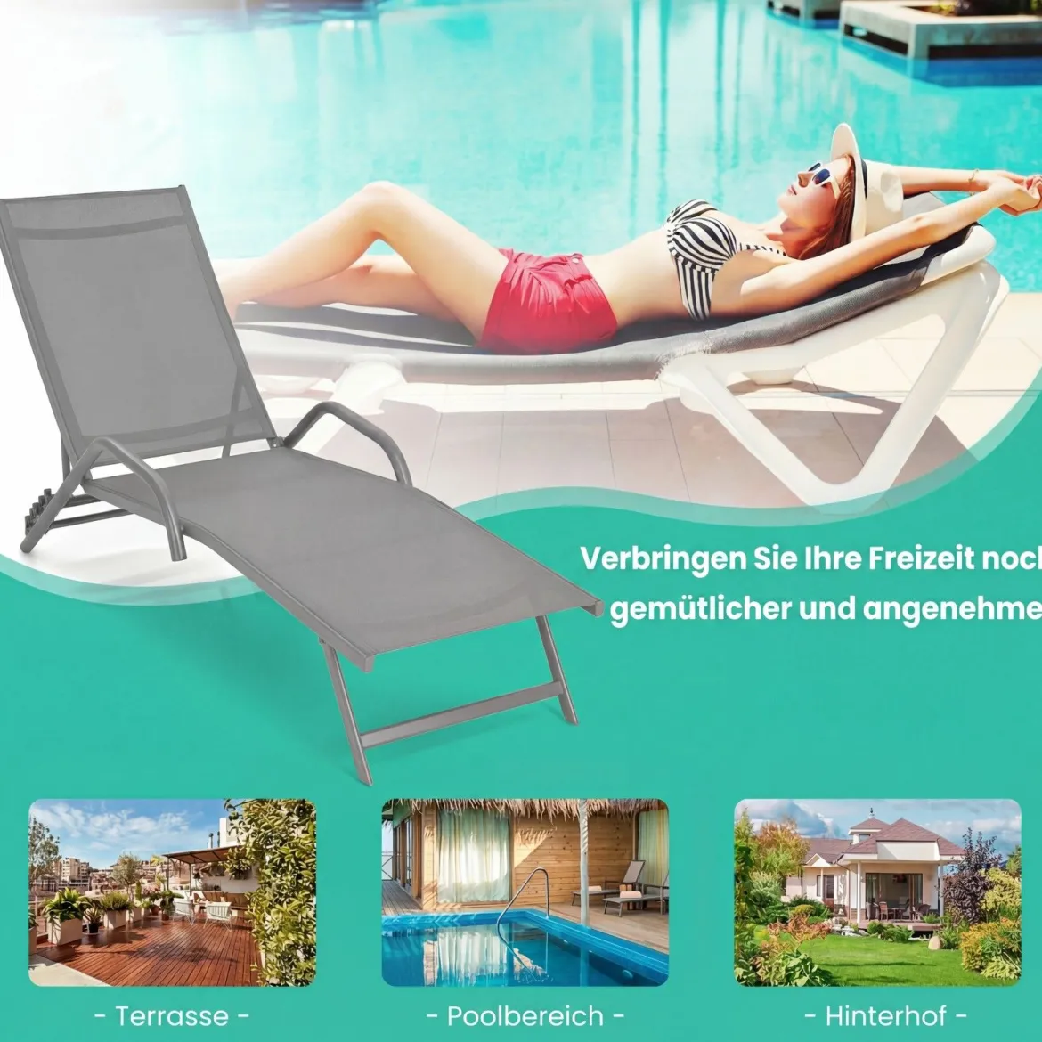 2er Set 5-Position Verstellbare Terrasse-Lounges mit Atmungsaktivem Sitz für Outdoor Grau