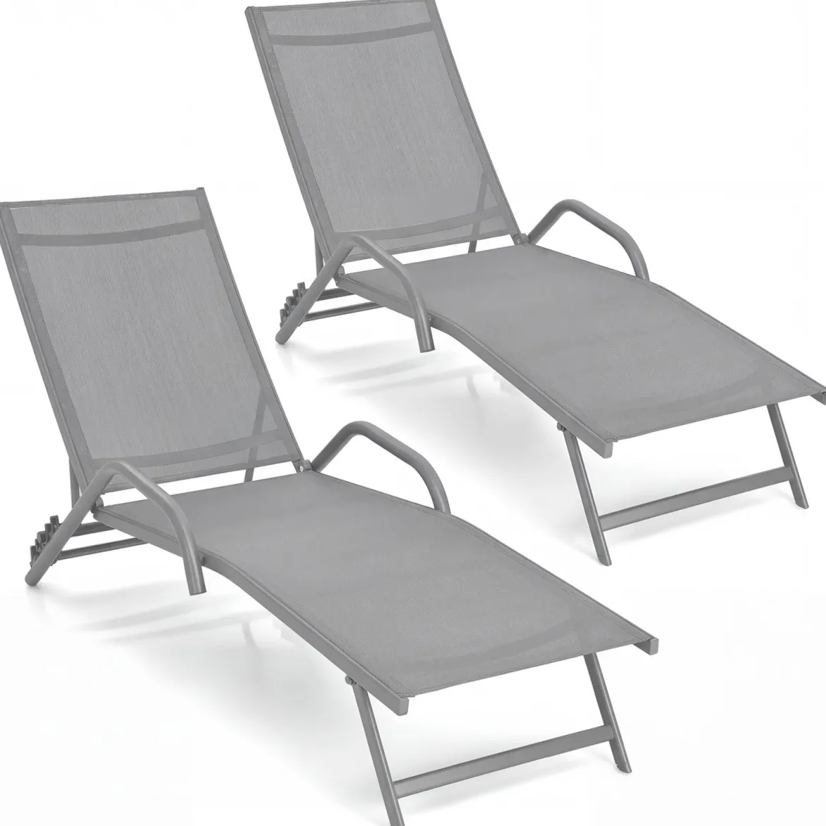 2er Set 5-Position Verstellbare Terrasse-Lounges mit Atmungsaktivem Sitz für Outdoor Grau