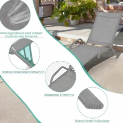 2er Set 5-Position Verstellbare Terrasse-Lounges mit Atmungsaktivem Sitz für Outdoor Grau