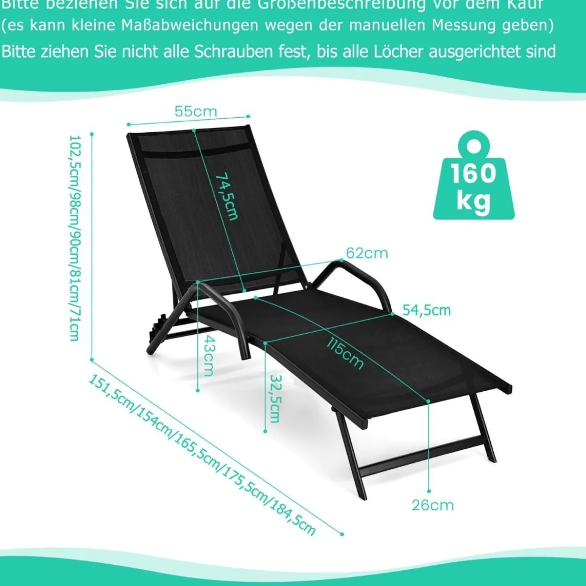2er Set 5-Position Verstellbare Terrasse-Lounges mit Atmungsaktivem Sitz für Outdoor Schwarz