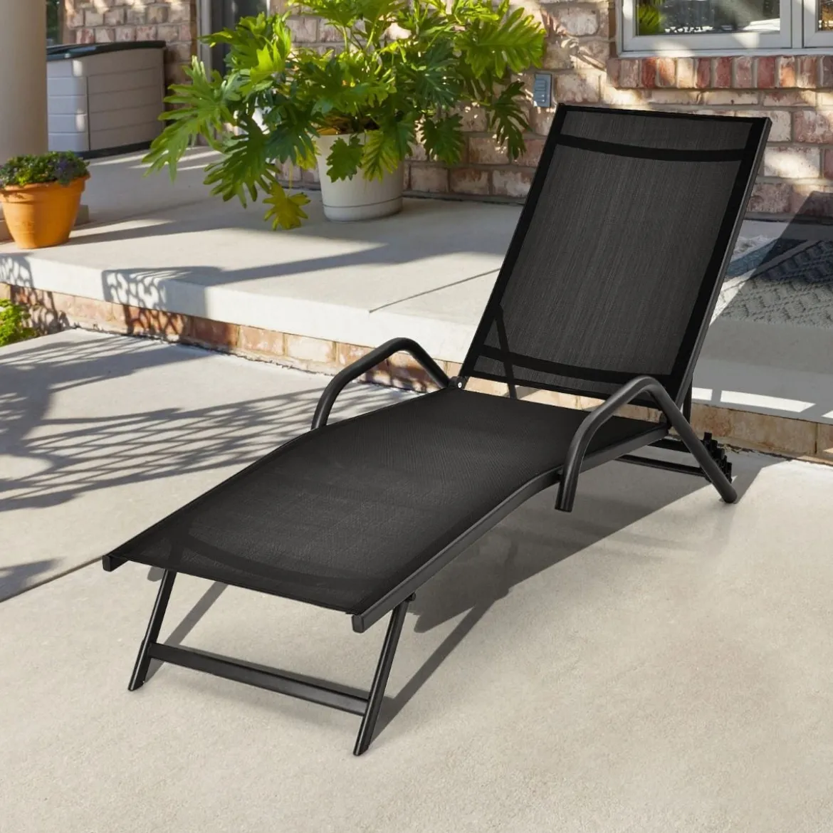2er Set 5-Position Verstellbare Terrasse-Lounges mit Atmungsaktivem Sitz für Outdoor Schwarz