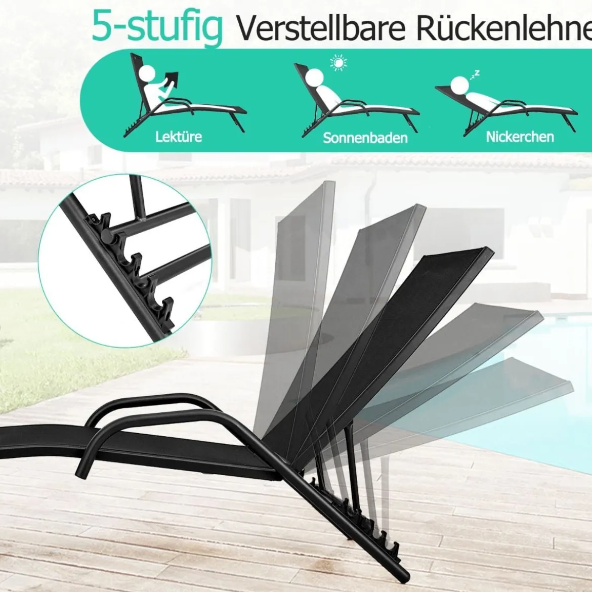 2er Set 5-Position Verstellbare Terrasse-Lounges mit Atmungsaktivem Sitz für Outdoor Schwarz