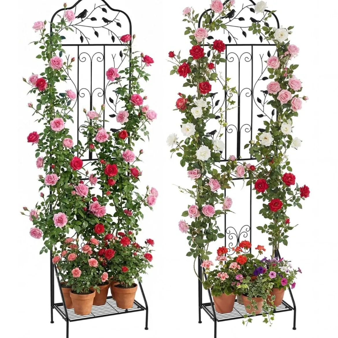 2er Set Rankgitter Metall 3 in 1 dekorativer Gartenzaun & Blumenregal & Pflanzstütze Schwarz