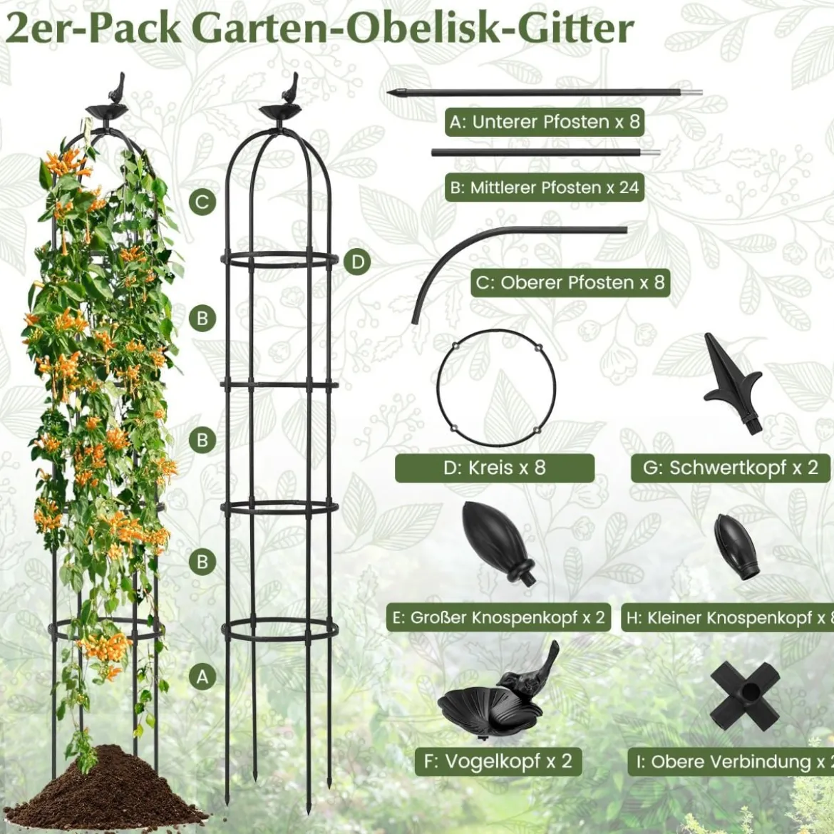 2er Set Rankhilfe Obelisk 176 cm Rankobelisk aus beschichtetes Metall Schwarz