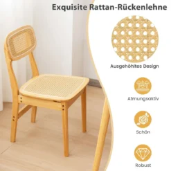 2er Set Rattan-Esszimmerstühle mit simulierter Rattan-Rückenlehne & Filzfußmatten & Holzgestell Mid-Century-Stil