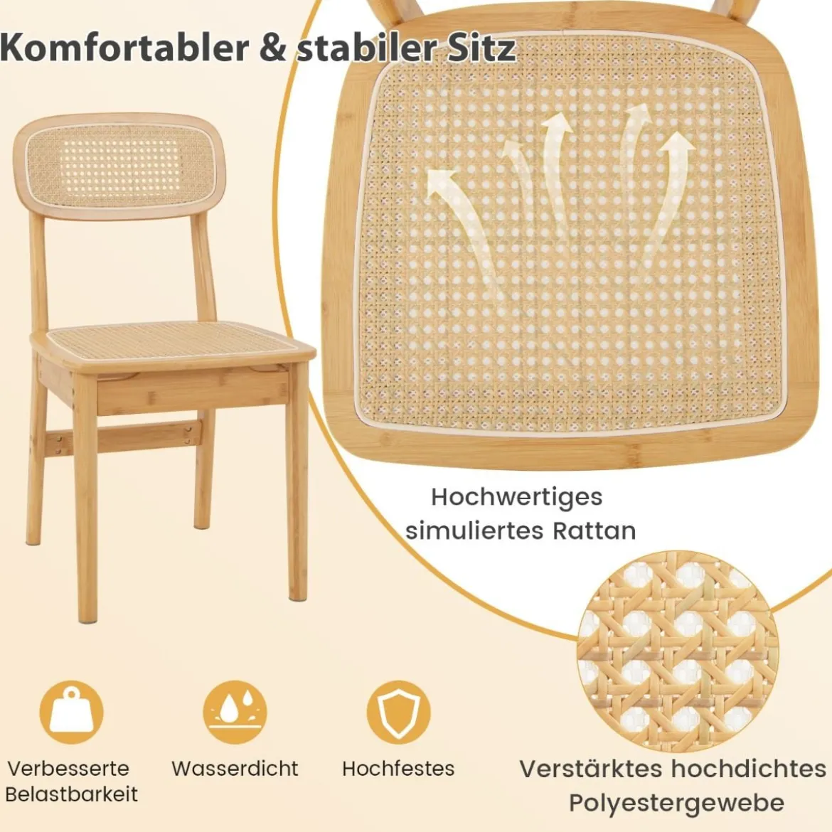 2er Set Rattan-Esszimmerstühle mit simulierter Rattan-Rückenlehne & Filzfußmatten & Holzgestell Mid-Century-Stil