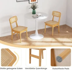 2er Set Rattan-Esszimmerstühle mit simulierter Rattan-Rückenlehne & Filzfußmatten & Holzgestell Mid-Century-Stil