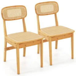2er Set Rattan-Esszimmerstühle mit simulierter Rattan-Rückenlehne & Filzfußmatten & Holzgestell Mid-Century-Stil