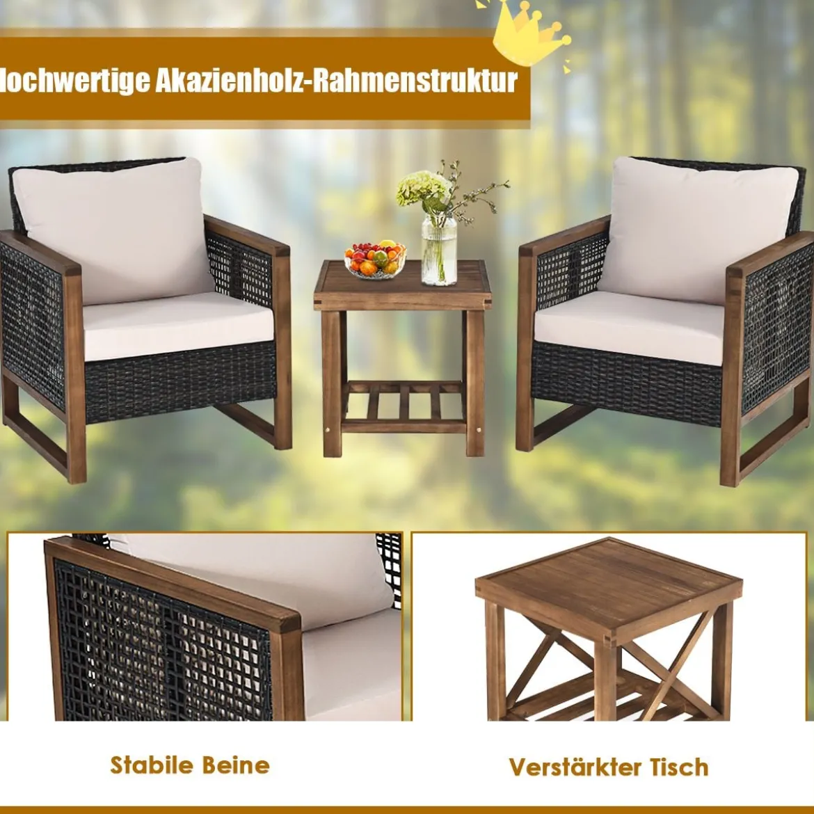 3er Set Rattan Gartenmöbel Polyrattan Lounge Set mit Waschbaren Sitzkissen Outdoor Sitzgarnitur