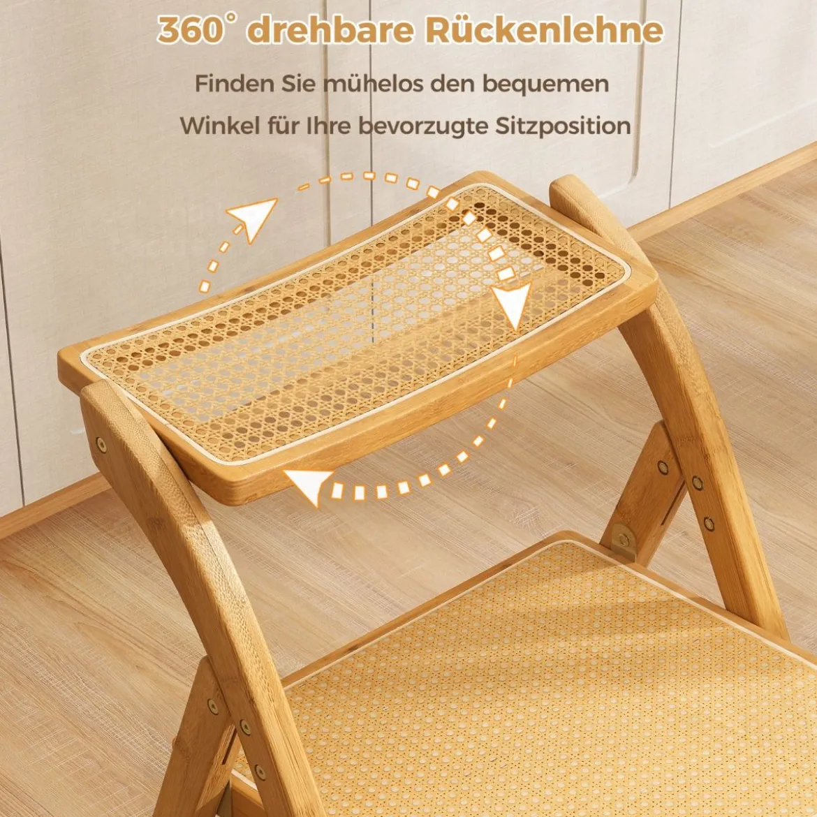 2er Set Rattan Klappstühle mit Bambusrahmen Küchenstühle im Boho-Stil 150 kg Tragkraft