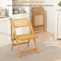 2er Set Rattan Klappstühle mit Bambusrahmen Küchenstühle im Boho-Stil 150 kg Tragkraft