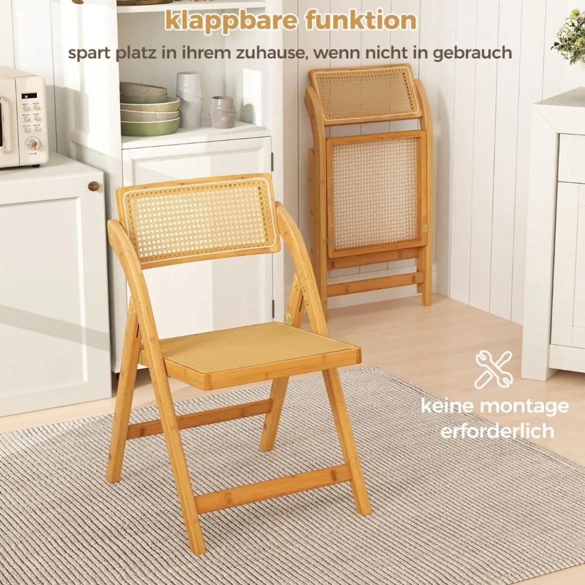 2er Set Rattan Klappstühle mit Bambusrahmen Küchenstühle im Boho-Stil 150 kg Tragkraft