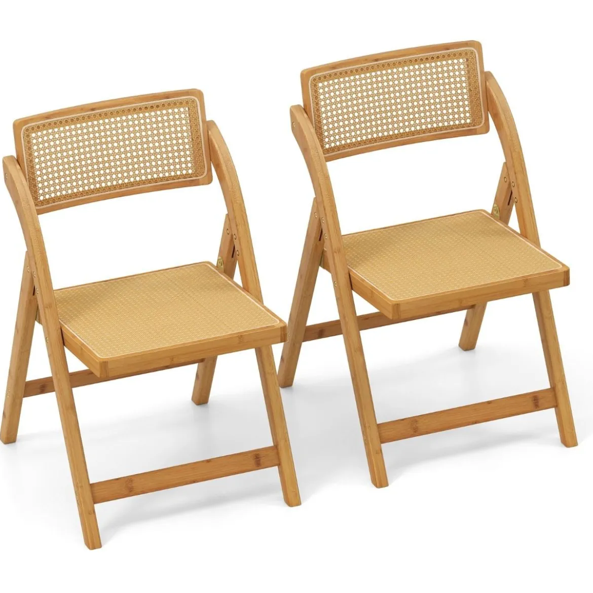 2er Set Rattan Klappstühle mit Bambusrahmen Küchenstühle im Boho-Stil 150 kg Tragkraft