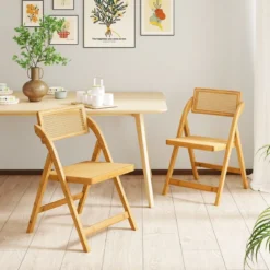 2er Set Rattan Klappstühle mit Bambusrahmen Küchenstühle im Boho-Stil 150 kg Tragkraft