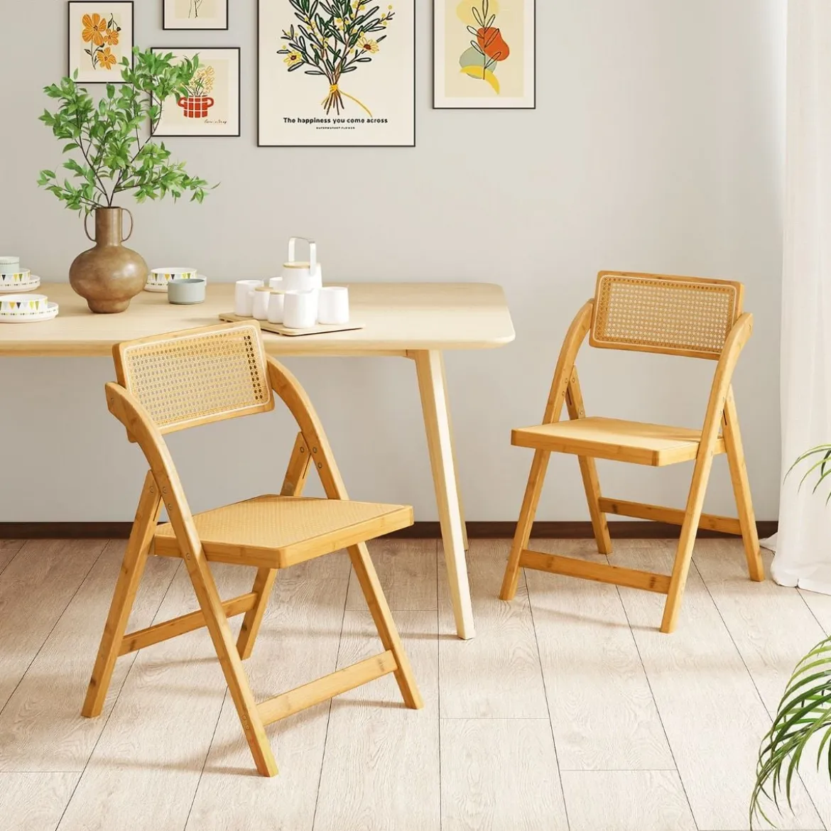 2er Set Rattan Klappstühle mit Bambusrahmen Küchenstühle im Boho-Stil 150 kg Tragkraft