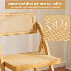 2er Set Rattan Klappstühle mit Bambusrahmen Küchenstühle im Boho-Stil 150 kg Tragkraft