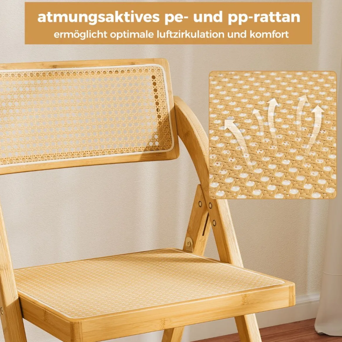 2er Set Rattan Klappstühle mit Bambusrahmen Küchenstühle im Boho-Stil 150 kg Tragkraft